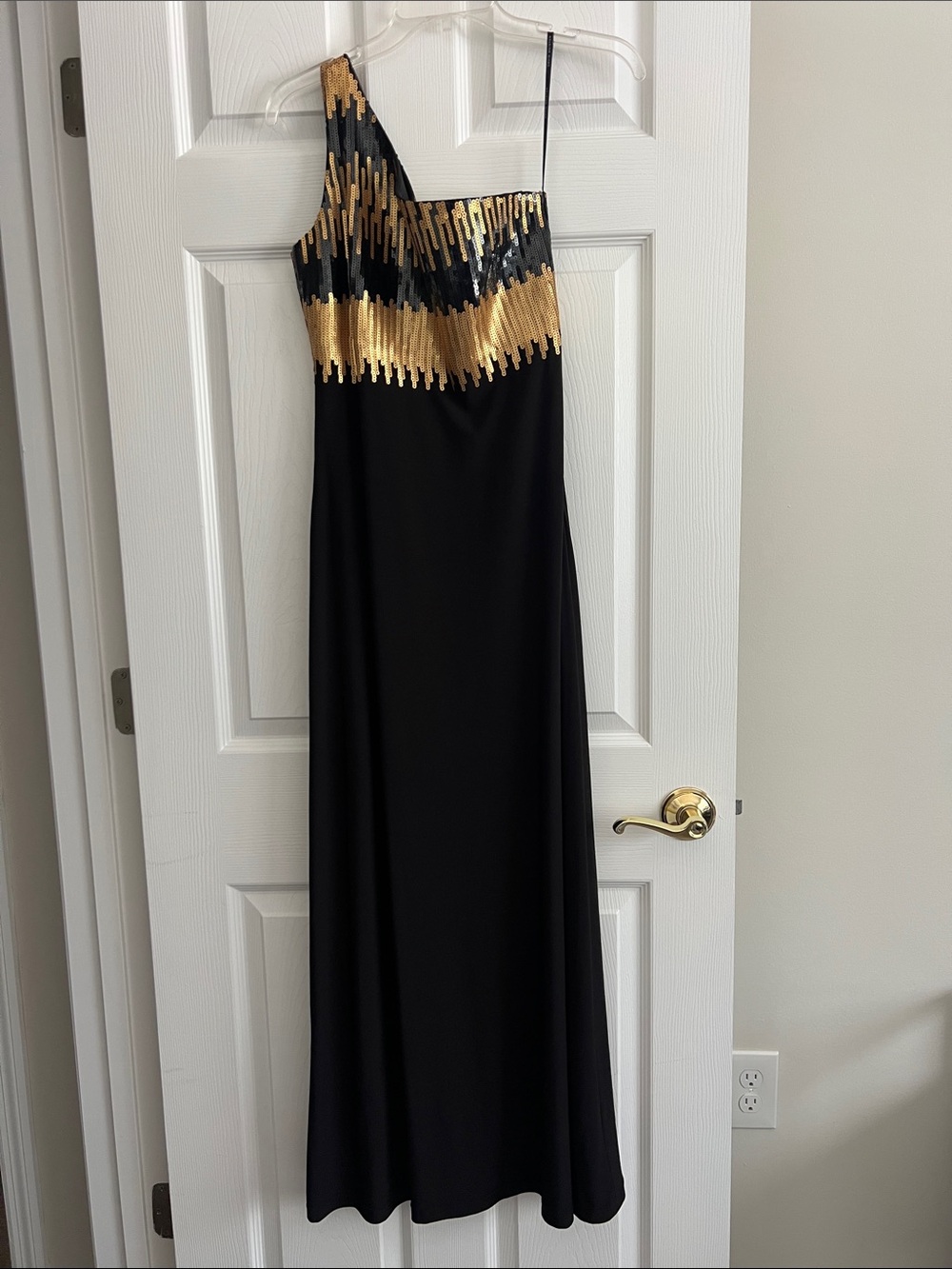 David Meister Black One-Shoulder Gown with Gold Sequin Bodice